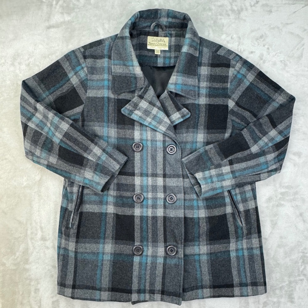Cabelas Peacoat Womens 2XL Gray Plaid Wool Cashmere Double Breasted Jacket
